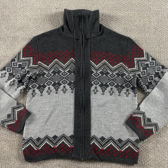 Vintage Sears Fair Isle Sweater Men's Large Knit Acrylic Full Zip Nordic Gray - Picture 2 of 10